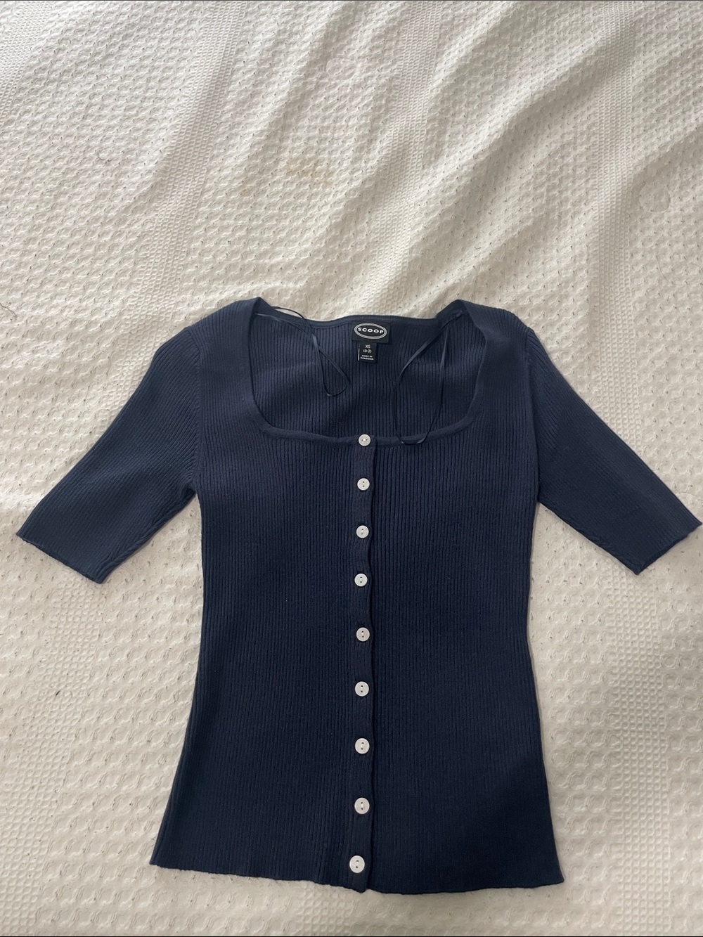 ecru Navy Short-Sleeve Ribbed Button Cardigan